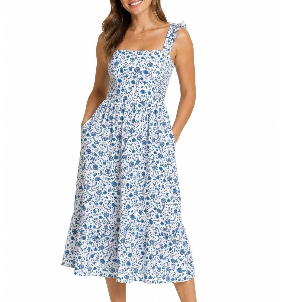 Draper James Floral Sundress Blue White Smocked Ruffle XXL Coastal Cowgirl